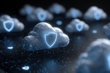 Digital security icons display warning symbols on shield-shaped clouds highlighting the importance of online safety and data protection during the modern digital landscape