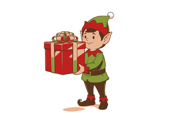 Cheerful Christmas Elf Holding a Large Red Gift Box with Bow.