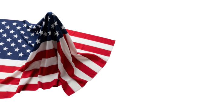 United states flag, authentic fabric with crisp stars and vibrant stripes, meticulously draped on a transparent surface in a minimalist studio, leaving copy space, concept of national pride.