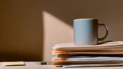 Fototapeta premium A peaceful still life of a mug on a stack of files with warm lighting. A pen and sticky note add detail.