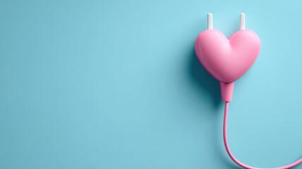 A pink heart-shaped object connected to a plug, against a light blue background. Represents love and connection, perfect for romantic themes