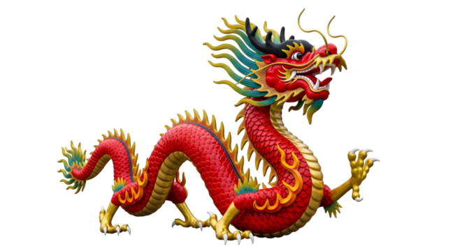 Majestic red Chinese dragon statue with golden accents embodies strength, prosperity, and good fortune for cultural celebrations