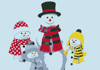 Cheerful Snowman Family with Colorful Scarves and Hats Illustration.