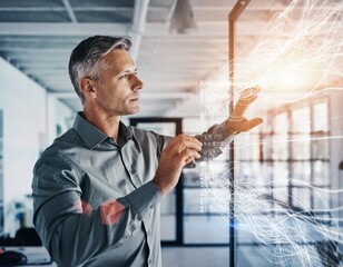 Middle Aged Man Interacting Holographic Data Screen Minimalist Office