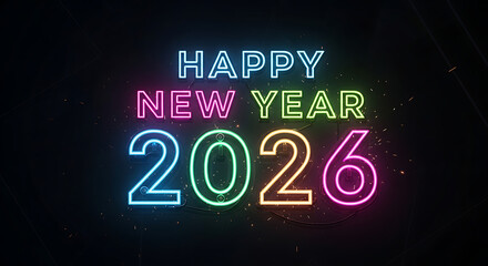 Neon Happy New Year 2026 Greeting Card Colorful Glowing Text for Celebrations and Festive Events