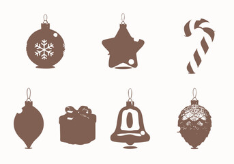Collection of Festive Christmas Ornaments and Decorations in Brown Silhouette.