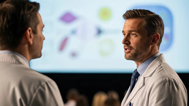 Two Middle-Aged Caucasian Male Doctors Engaged in Discussion at a Medical Conference with a Presentation Projected in Background