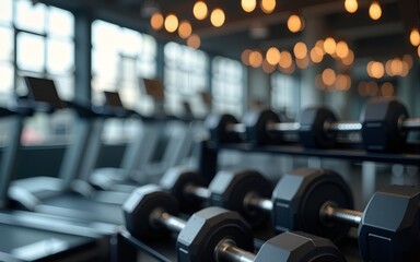 Blurred background of a gym with dumbbells, fitness center for personal weight training, health club featuring indistinct sports exercise equipment for classes. High quality