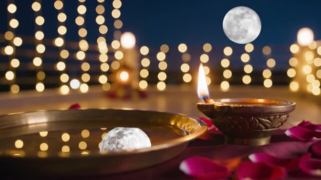 Karva Chauth Pooja Thali Diya and Moon Reflected in Water on Rooftop