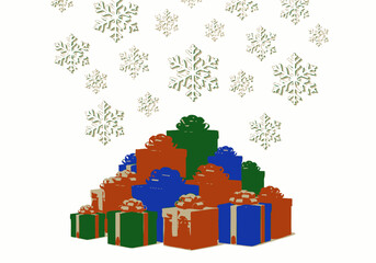 Colorful Stacked Gift Boxes with Bows and Snowflakes Illustration.