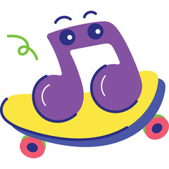 Purple musical note character with eyes and mouth riding a yellow skateboard illustration with green swirl on a transparent background
