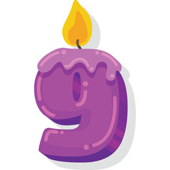 Purple Number Nine Birthday Candle With Orange Flame Lit And Dripping Wax On Transparent Background