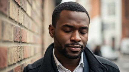 Contemplative street walk: man's reflective journey along urban brick wall