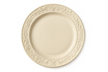 Empty vintage cream colored ceramic plate with ornate embossed rim for elegant dining and food presentation
