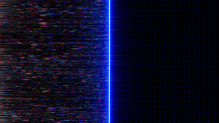 Digital data glitch and error with glowing blue line separating abstract cyber grid pattern