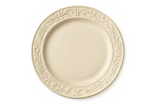 Empty vintage cream colored ceramic plate with ornate embossed rim for elegant dining and food presentation