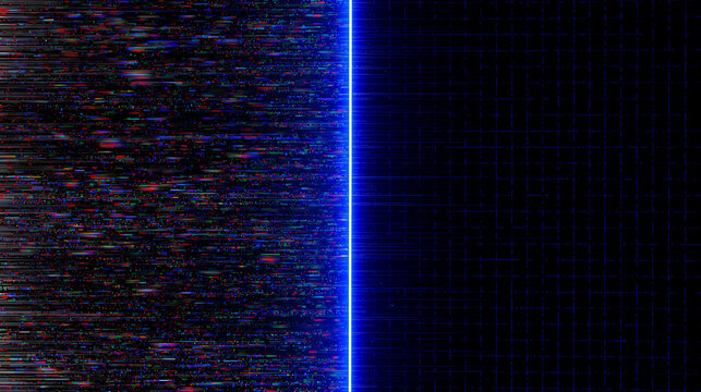 Digital data glitch and error with glowing blue line separating abstract cyber grid pattern - Powered by Adobe