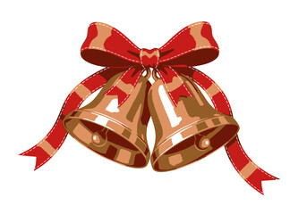 Festive Christmas Bells with Red Bow and Ribbons Holiday Decoration.