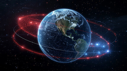 Global communication network and data exchange surrounding planet earth in starry space.