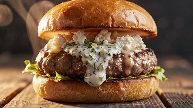 Gourmet Greek Lamb Burger with Feta Cheese and Creamy Tzatziki Sauce Steaming Hot on a Rustic Wooden Table - Delicious Food Close-Up