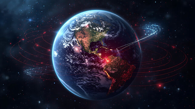 Global data network over planet earth, digital technology connectivity concept