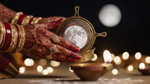 Karva Chauth Puja ritual Indian woman fasting looking at moon through sieve