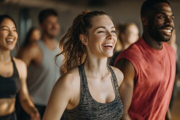 Group of diverse individuals participating in an energetic exercise session in a gym setting during the late afternoon hours