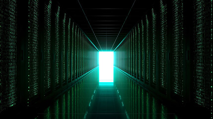 Digital data center hallway with glowing binary code and bright exit light portal