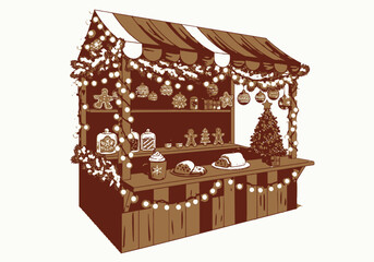 Festive Christmas Market Stall Decorated with Lights and Treats.
