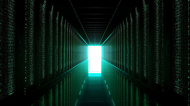 Digital data center hallway with glowing binary code and bright exit light portal