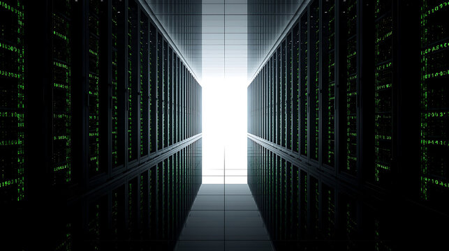 High-tech data center server racks with green glowing data in a long bright aisle.