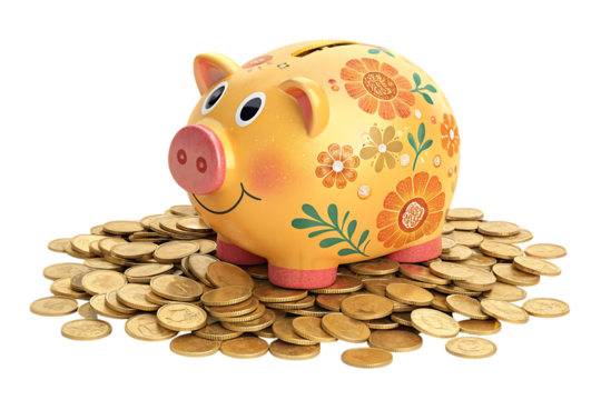 Piggy bank on heap of gold coins saving dreams shine bright