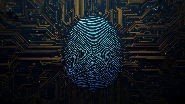 Digital fingerprint authentication on futuristic circuit board background. cybersecurity.