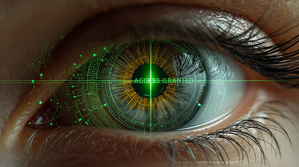 Biometric eye scan with "access granted" text for digital security and ai concept.