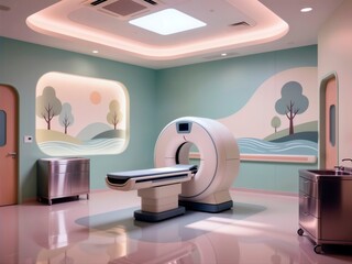 Modern pediatric MRI scanner room with colorful, child-friendly decor.