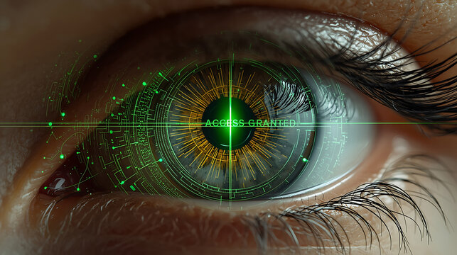 Biometric eye scan with "access granted" text for digital security and ai concept.