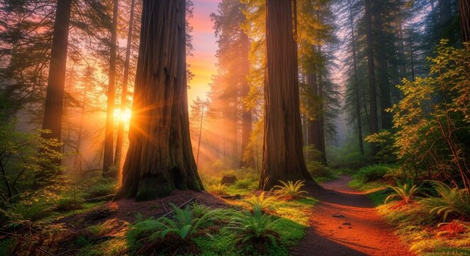 Redwood Forest Sunset - Golden Light Through Trees, Ferns, and Trail.
