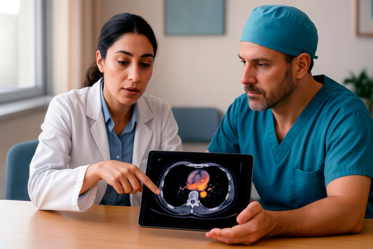 Doctors analyzing a medical scan on a digital tablet in a clinic.
