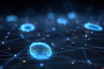 Glowing blue digital fingerprint holograms hover in a dark futuristic environment showcasing advanced technology and security features