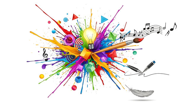 Creative Idea Explosion: Light Bulb, Paint Brushes, Music Notes, and Abstract Color Splash - Powered by Adobe