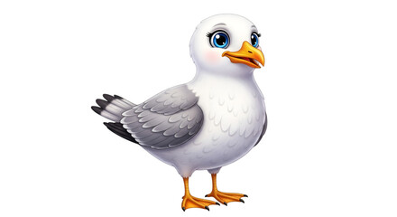 Adorable cartoon seagull with big blue eyes offers a whimsical touch for seaside designs and kids content, bringing a cheerful, playful vibe