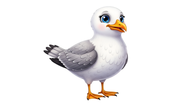 Adorable cartoon seagull with big blue eyes offers a whimsical touch for seaside designs and kids content, bringing a cheerful, playful vibe