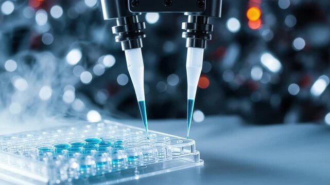 Precision robotic arms dispense blue liquid into laboratory microplate, showcasing scientific research and innovation. 4k high quality footage