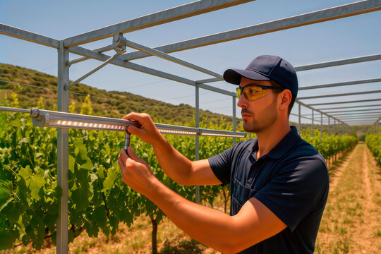 Man installing linear LED grow light on a modern vineyard trellis. - Powered by Adobe