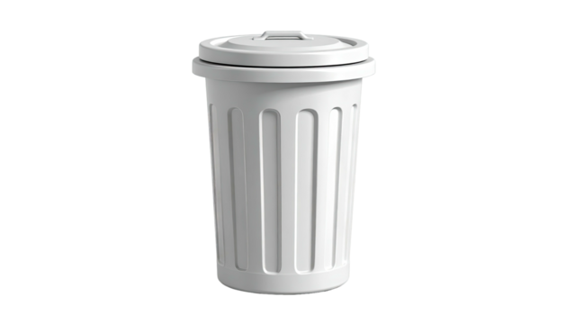 White plastic trash bin with a fitted lid on a black background