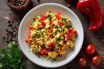 Delicious tofu scramble served on a plate with colorful red peppers, greens, and fresh herbs in a warm kitchen setting
