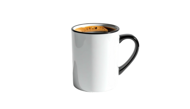 Mug fills with dark coffee, side view, black background