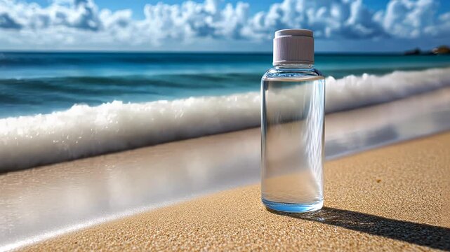 Transparent bottle on sandy beach by ocean wave under cloudy sky. The focus is the bottled contents