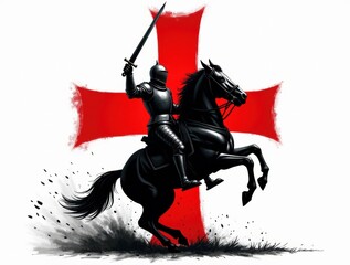 Knight in armor on horseback with sword raised before a red cross