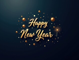 Elegant golden happy new year text with festive lights and bokeh